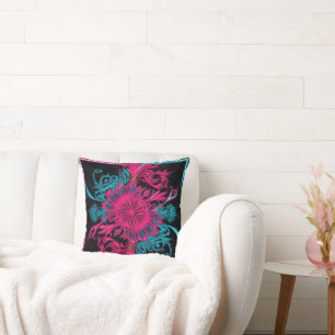 Neon Floral Abstract Throw Pillow