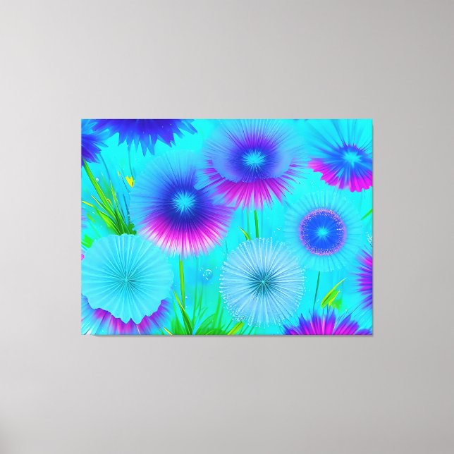 Neon Floral Blue Purple Flowers Wrapped Canvas (Front)
