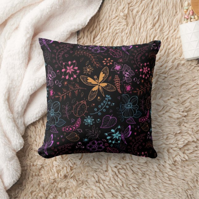 Neon Floral Butterfly Throw Pillow (Blanket)