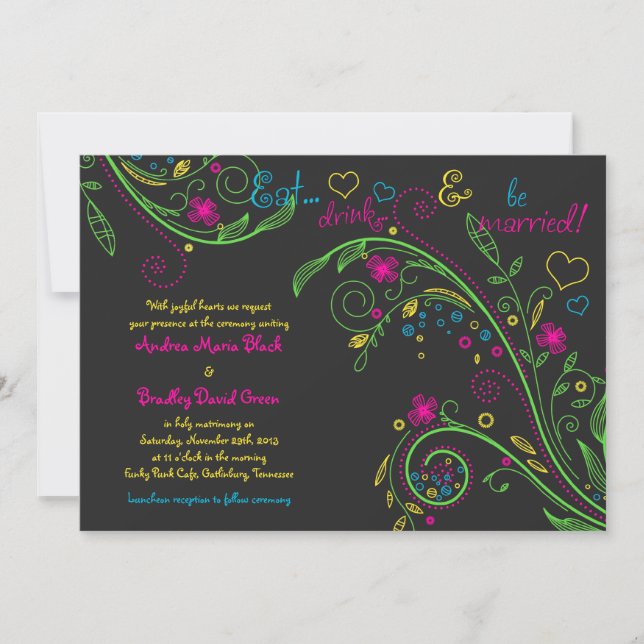 Neon Floral Chalkboard Doodle Wedding Invitation (Front)