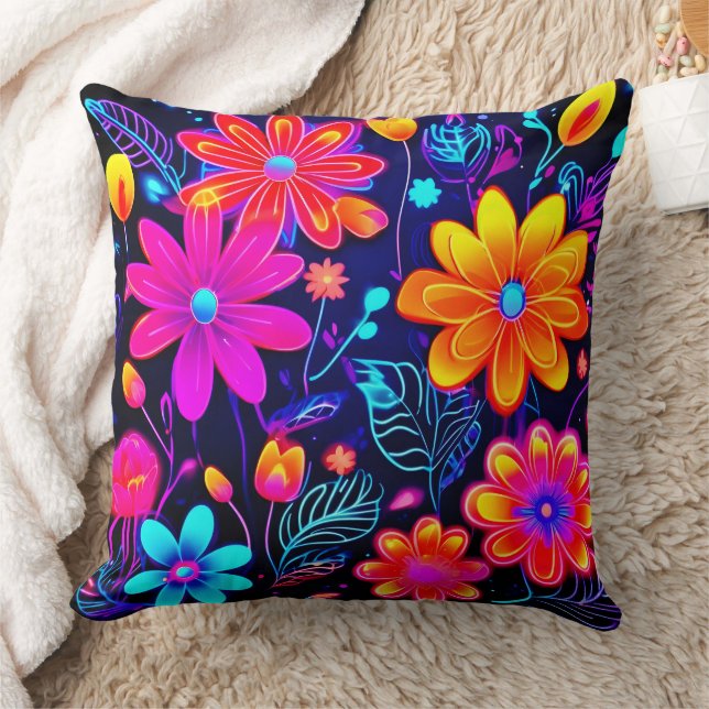 Neon Floral Fantasy Throw Pillow (Blanket)
