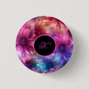 Neon Floral Pattern with Monogram 1 Inch Round Button