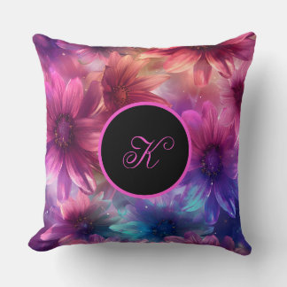 Neon Floral Pattern with Monogram  Throw Pillow