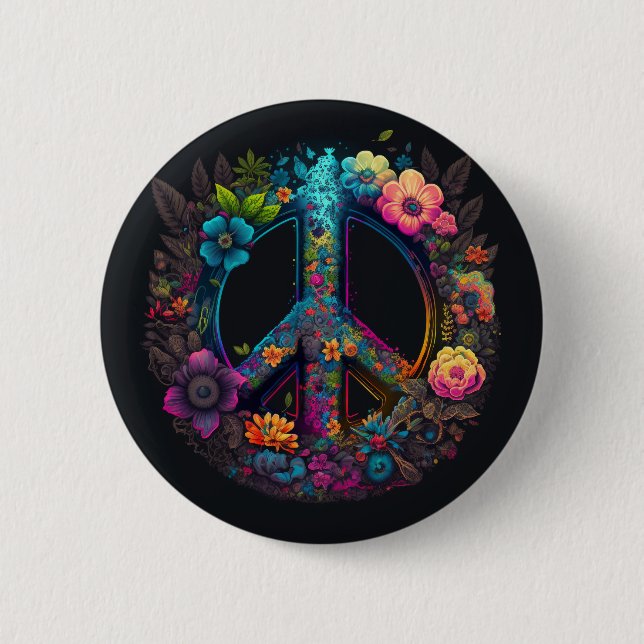 Neon Floral Peace Sign 2 Inch Round Button (Front)