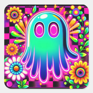 Neon Floral Retro Ghost Halloween Square Sticker