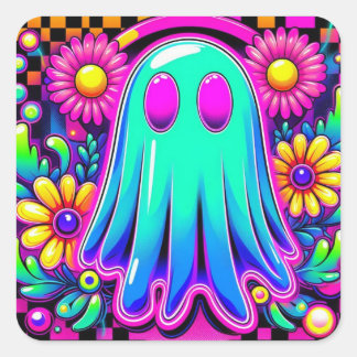 Neon Floral Retro Ghost Halloween Square Sticker