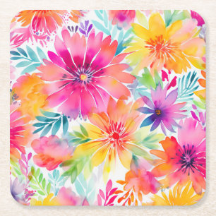 Neon Floral Watercolor Party Square Paper Coaster