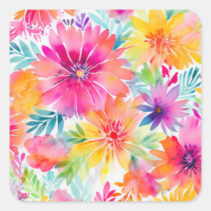 Neon Floral Watercolor Party Square Sticker