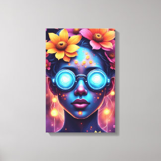 Neon Flower Goddess – Futuristic Fantasy Portrait Canvas Print