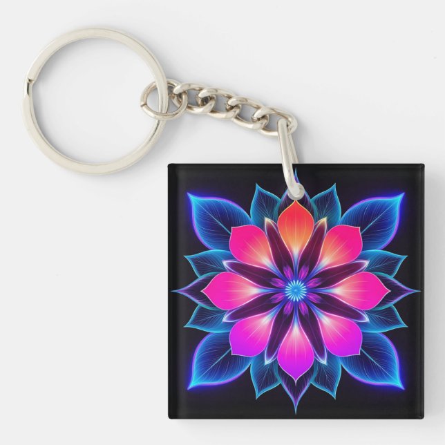 Neon Flower with Blue Light Patterns Keychain (Front)