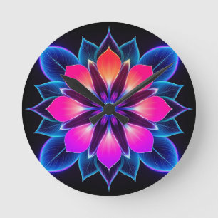 Neon Flower with Blue Light Patterns Round Clock