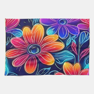 Neon Flowers Bloom Bright Kitchen Towel