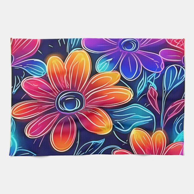 Neon Flowers Bloom Bright Kitchen Towel (Horizontal)
