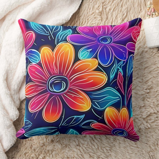 Neon Flowers Bloom Bright Throw Pillow (Blanket)