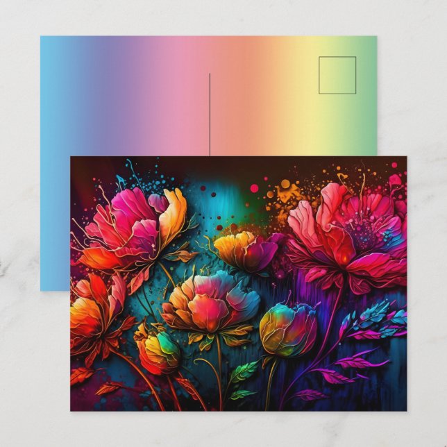 Neon flowers, colourful, bouquet, ink splatter postcard (Front/Back)