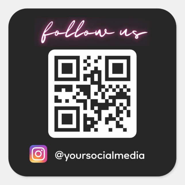 Neon Follow Us on Instagram QR Code Social Media Square Sticker (Front)