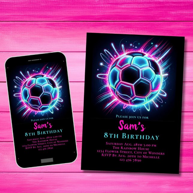 Neon Football Anniversaire Invitation Filles Footb (Créateur téléchargé)
