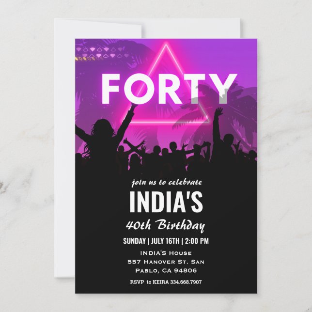 Neon Forty 40th Birthday Invitation (Front)
