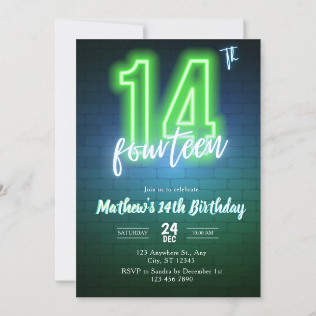 Neon fourteenth birthday Invitation (Front)