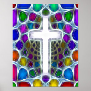 Neon Fractal Cross Poster