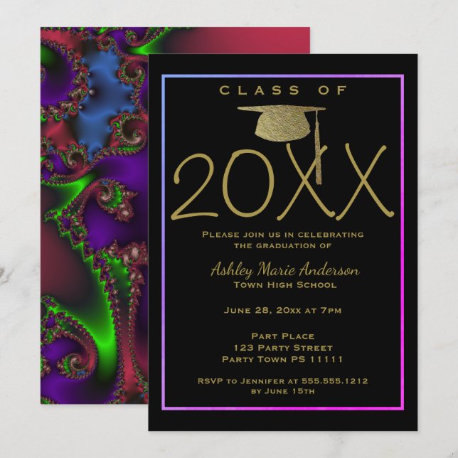 Neon Fractal Laser Graduation Invitation (Front/Back)