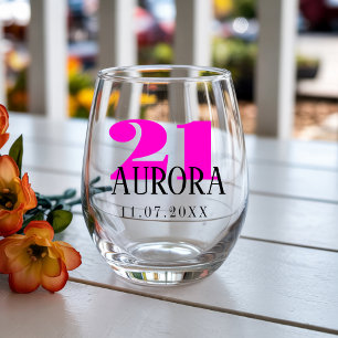 Neon Fuchsia Birthday Number   Black Name Date Stemless Wine Glass