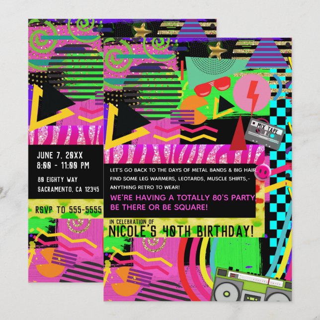 Neon Fun Bright Bold Colourful Funky 80's Party Invitation (Front/Back)