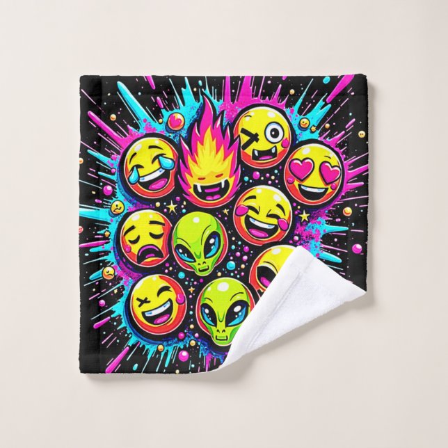 Neon Funky Emoji Mix Bath Towel Set (Wash Cloth)