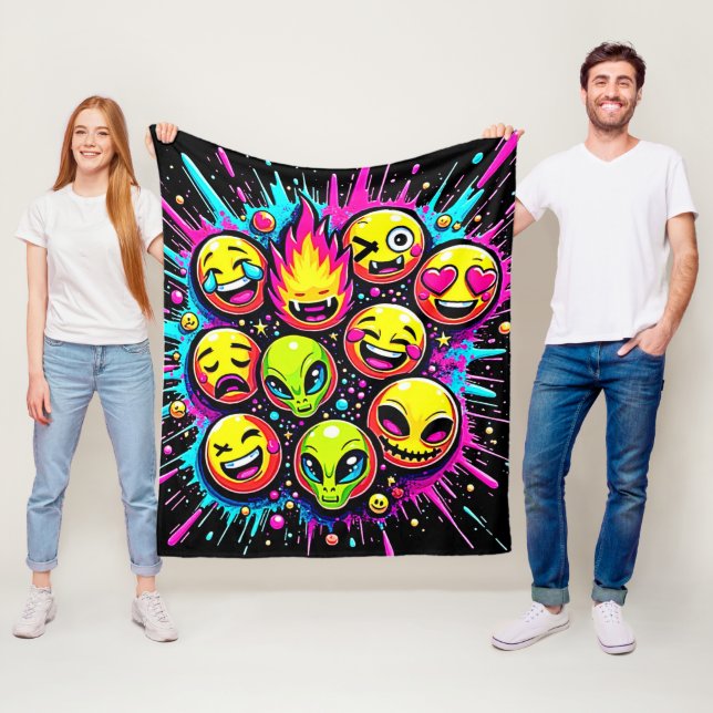 Neon Funky Emoji Mix Fleece Blanket (In Situ)