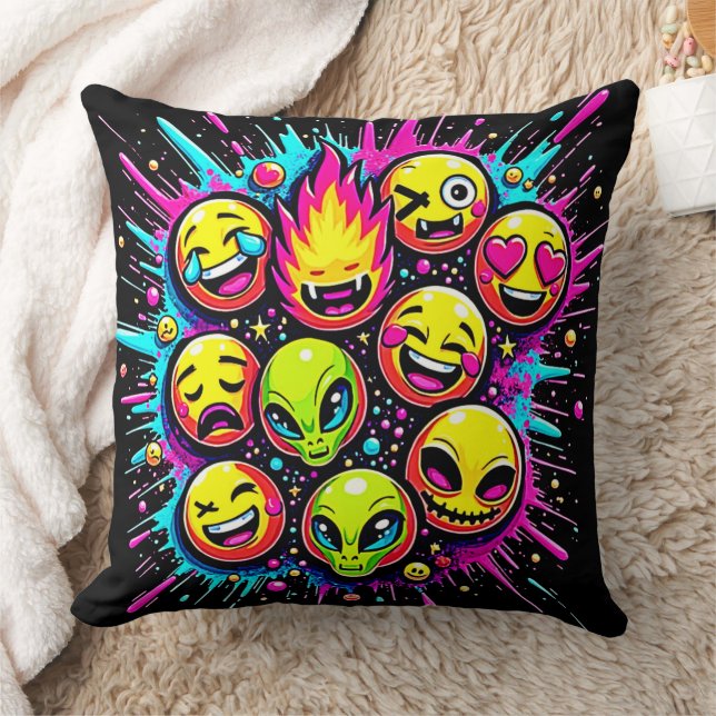 Neon Funky Emoji Mix Throw Pillow (Blanket)