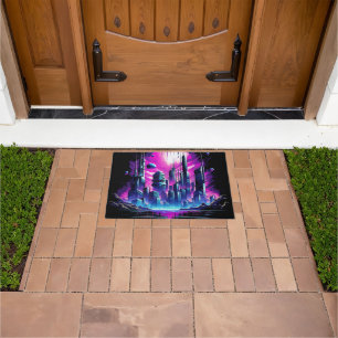 Neon Futuristic CyberScape Skyline Doormat