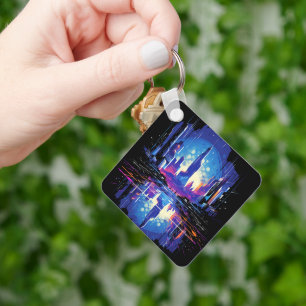 Neon Futuristic CyberScape Skyline Keychain