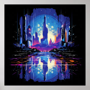 Neon Futuristic CyberScape Skyline Poster
