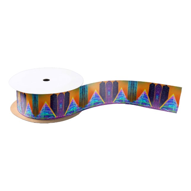 Neon Futuristic hologram Pyramid in Modern City Satin Ribbon (Spool)