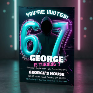 Neon Gamer 7th Birthday Invitation