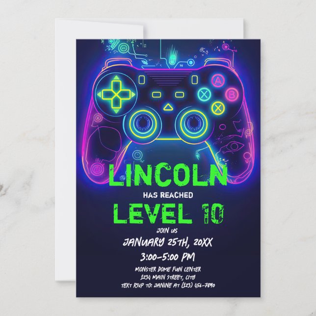 Neon Gamer Arcade Video Game Level Up Birthday Invitation (Front)