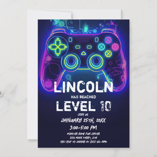 Neon Gamer Arcade Video Game Level Up Birthday Invitation (Front)