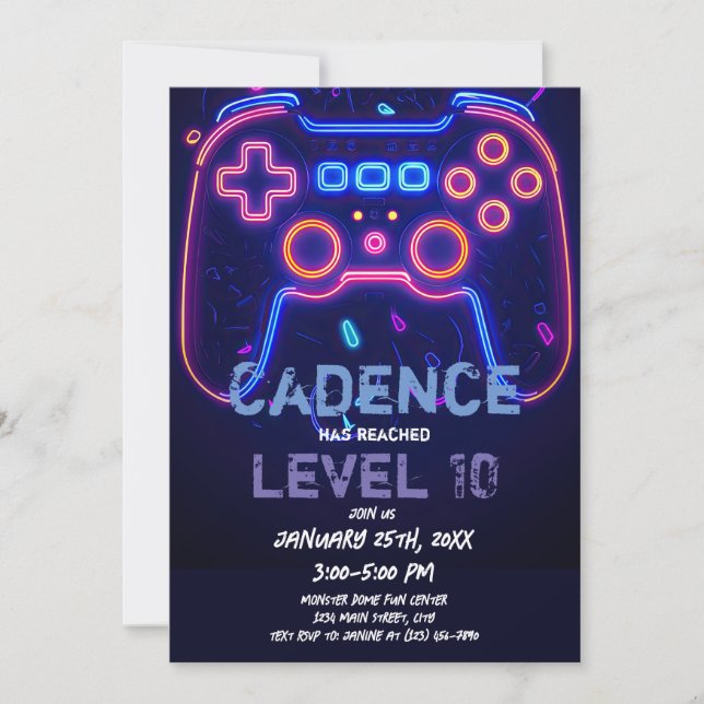 Neon Gamer Arcade Video Game Level Up Birthday Invitation (Front)