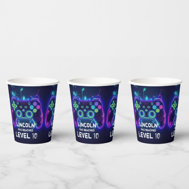 Neon Gamer Arcade Video Game Level Up Birthday Paper Cups (Multi)