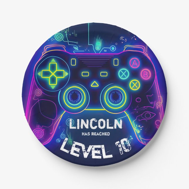 Neon Gamer Arcade Video Game Level Up Birthday Paper Plate (Front)