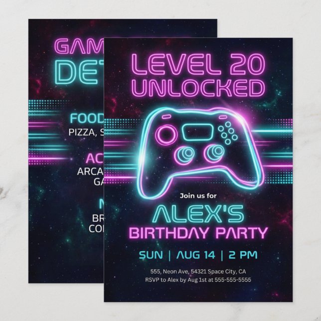 Neon Gamer Birthday Invitation Game for Teen Boy  (Front/Back)