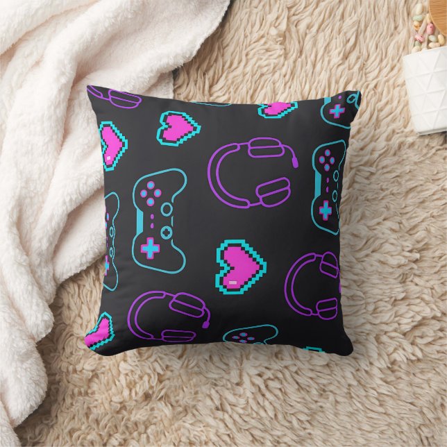 Neon Gamer Controller and Hearts Pattern Throw Pillow (Blanket)
