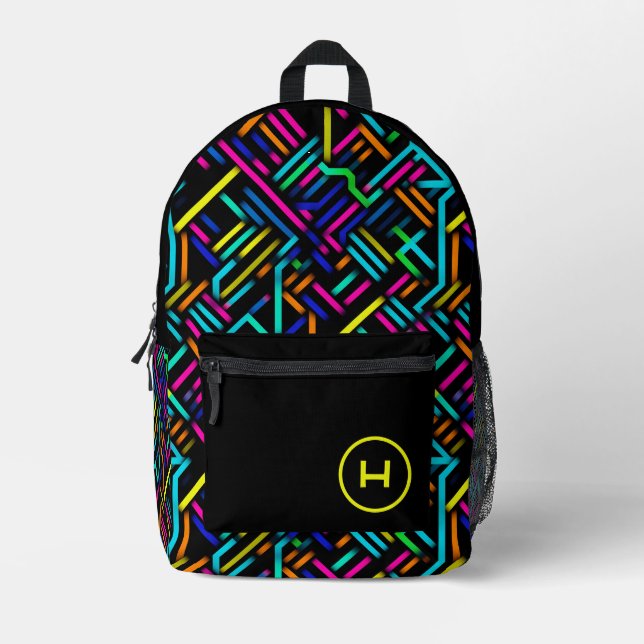 Neon Gamer Geometric Monogram  Printed Backpack (Front)