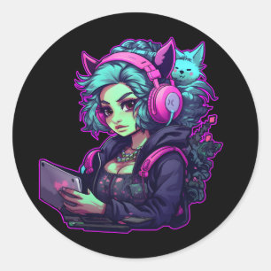 Neon gamer girl classic round sticker