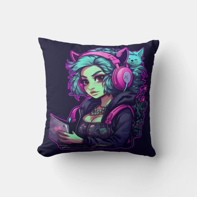 Neon gamer girl throw pillow (Front)