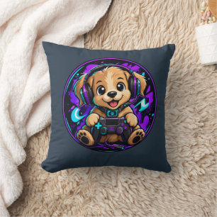 Neon Gamer Puppy Shirt – Cute Dog Gaming Mascot Throw Pillow