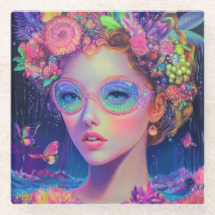 Neon Garden Goddess  Glass Coaster