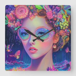 Neon Garden Goddess  Square Wall Clock