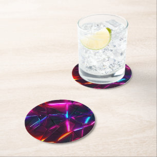 Neon Geometric Abstract Futuristic Cyberpunk Round Paper Coaster