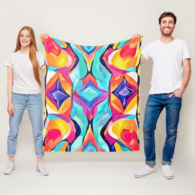 Neon Geometric Fusion Art Fleece Blanket (In Situ)